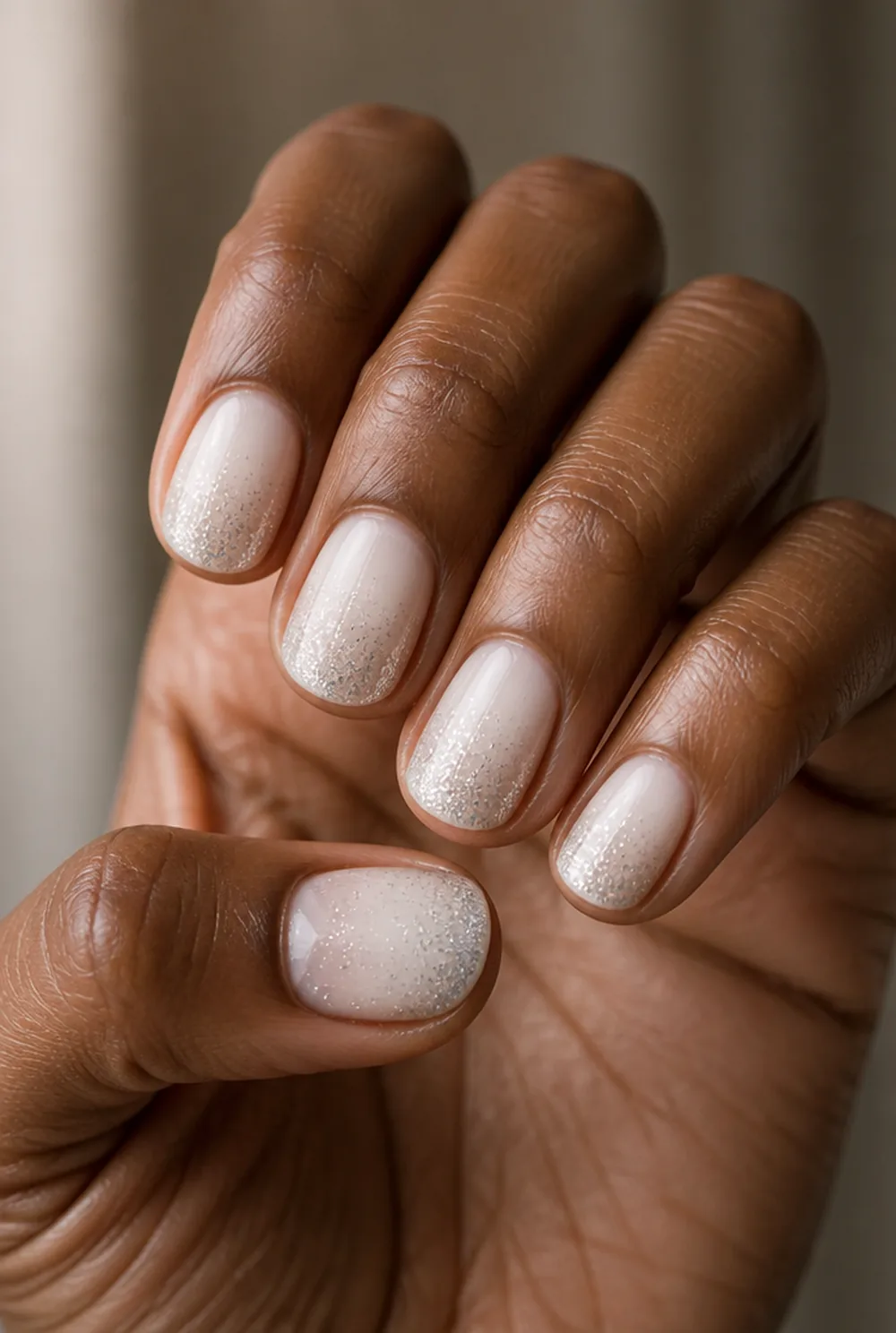 white glitter tip nail art on deep brown skin