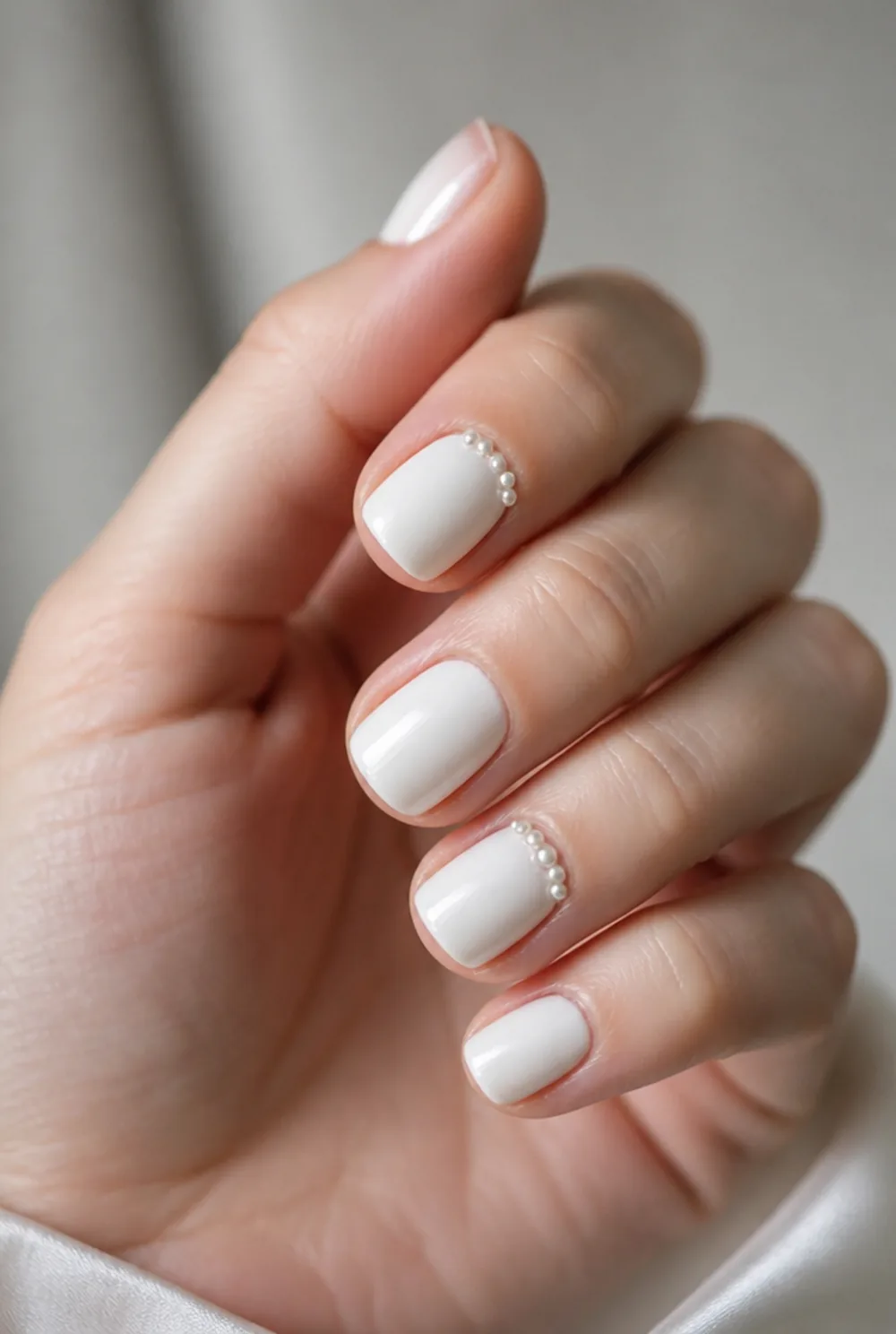 white with pearl beads nail art on fair skin, short length