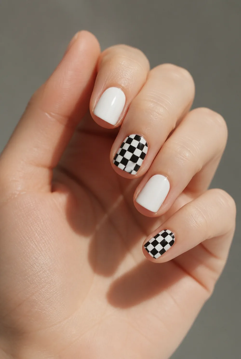 white checkerboard nail art on fair skin, short length