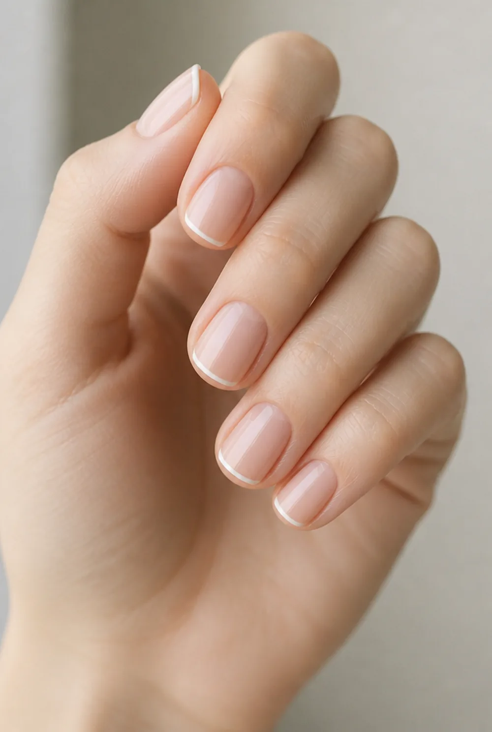 white micro french nail art on fair skin, short length