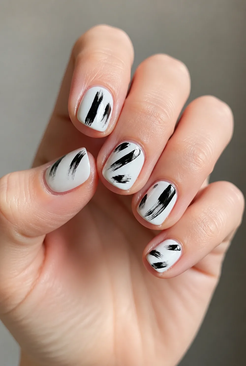 white and black abstract nail art on fair skin, short length