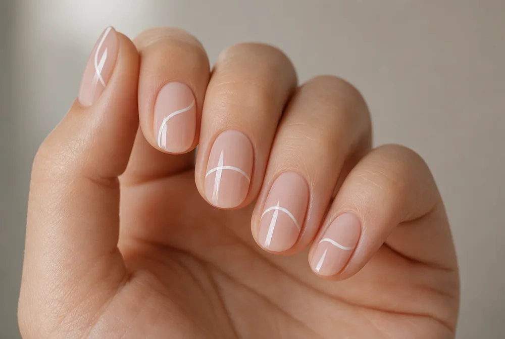 white swirl line nail art on nude base
