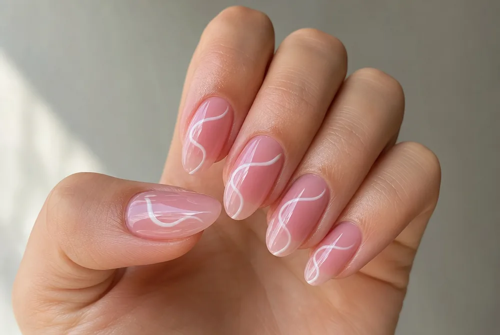 white swirl on sheer jelly pink nails