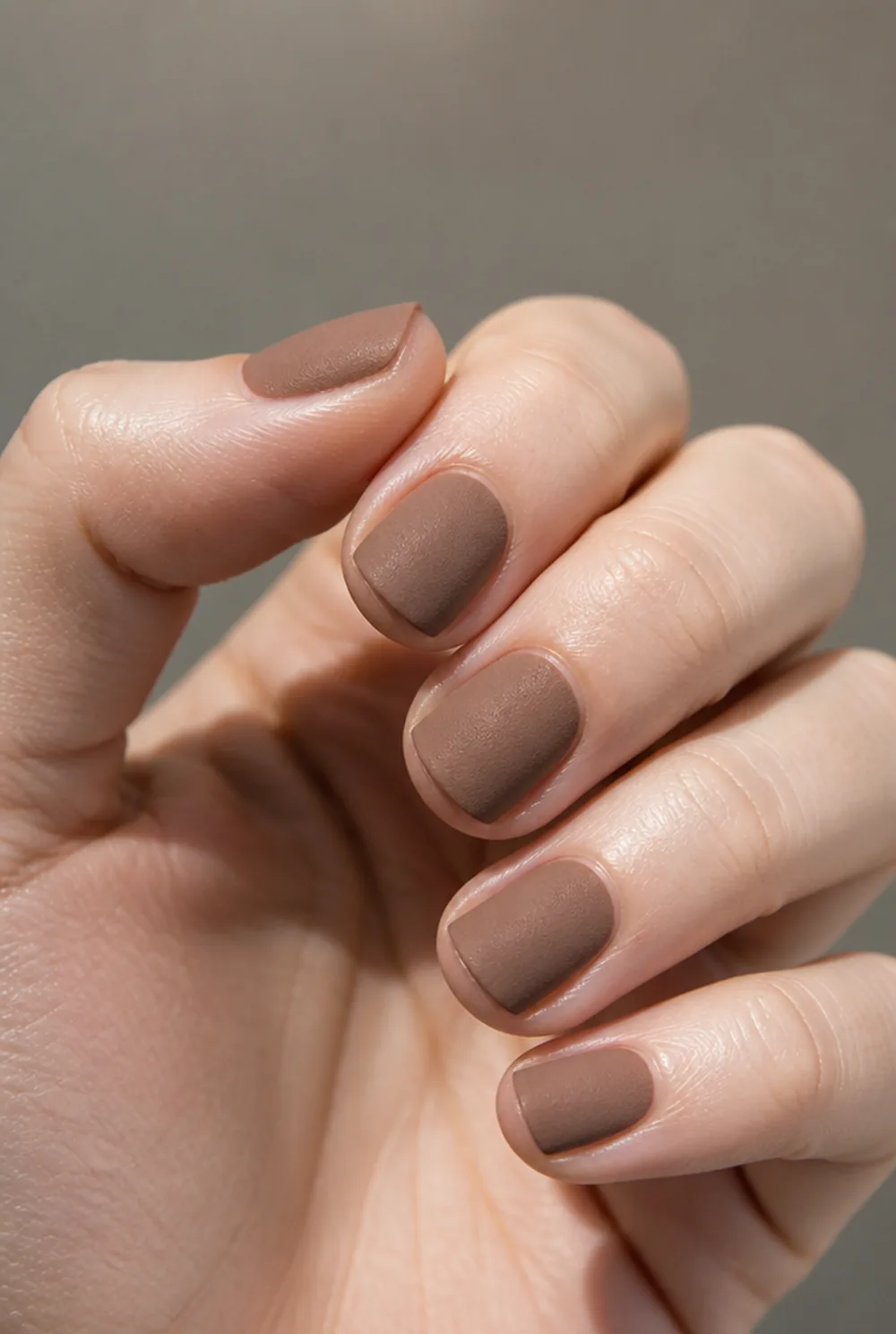 taupe velvet nail art on fair skin short length - PolishedAndPrettyNails.com taupe velvet nail art on fair skin, short length