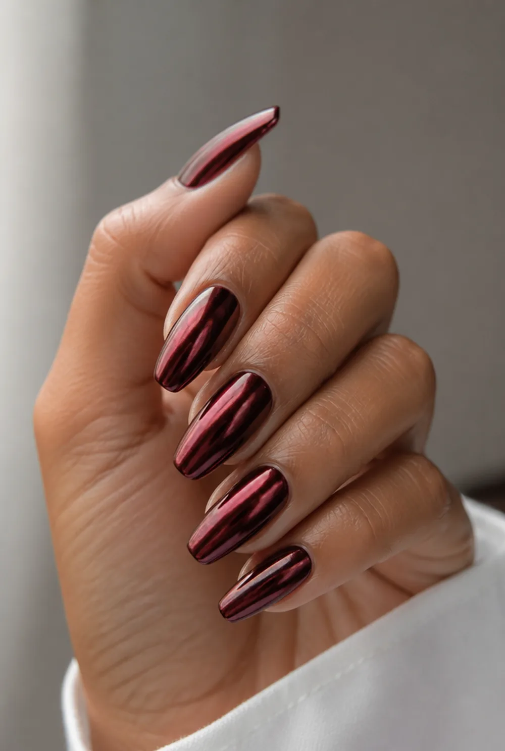 wine chrome nail art on olive skin long length - PolishedAndPrettyNails.com wine chrome nail art on olive skin, long length