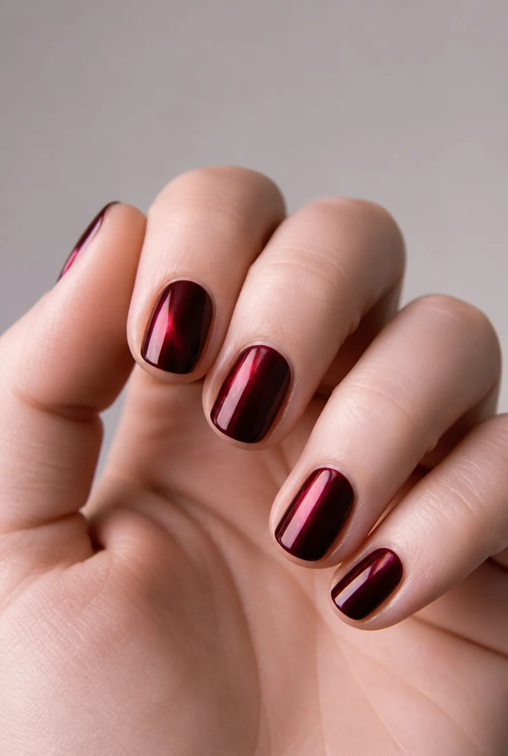 wine chrome nail art on fair skin short length - PolishedAndPrettyNails.com wine chrome nail art on fair skin, short length