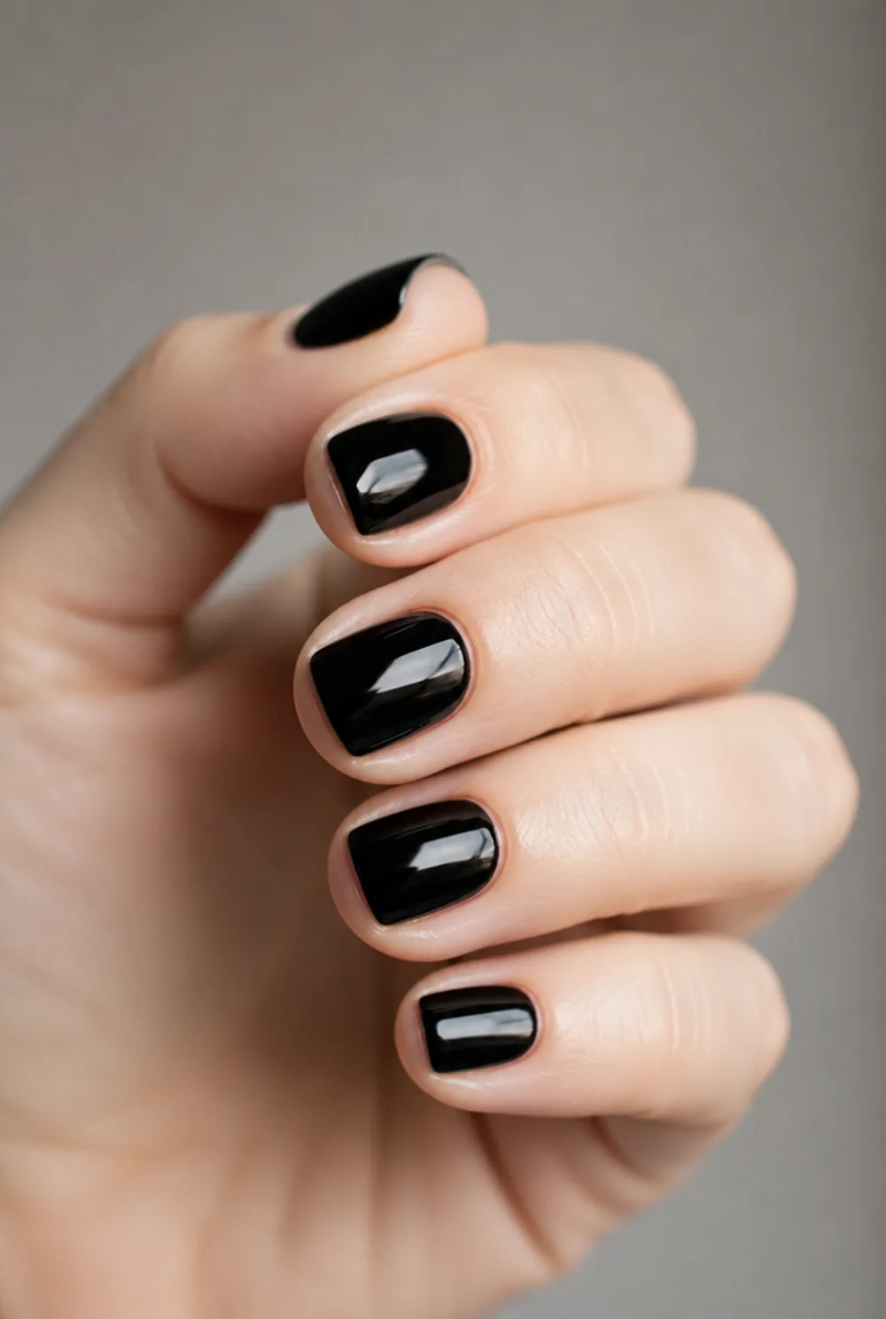 glossy black short nail art on fair skin short length - PolishedAndPrettyNails.com glossy black short nail art on fair skin, short length
