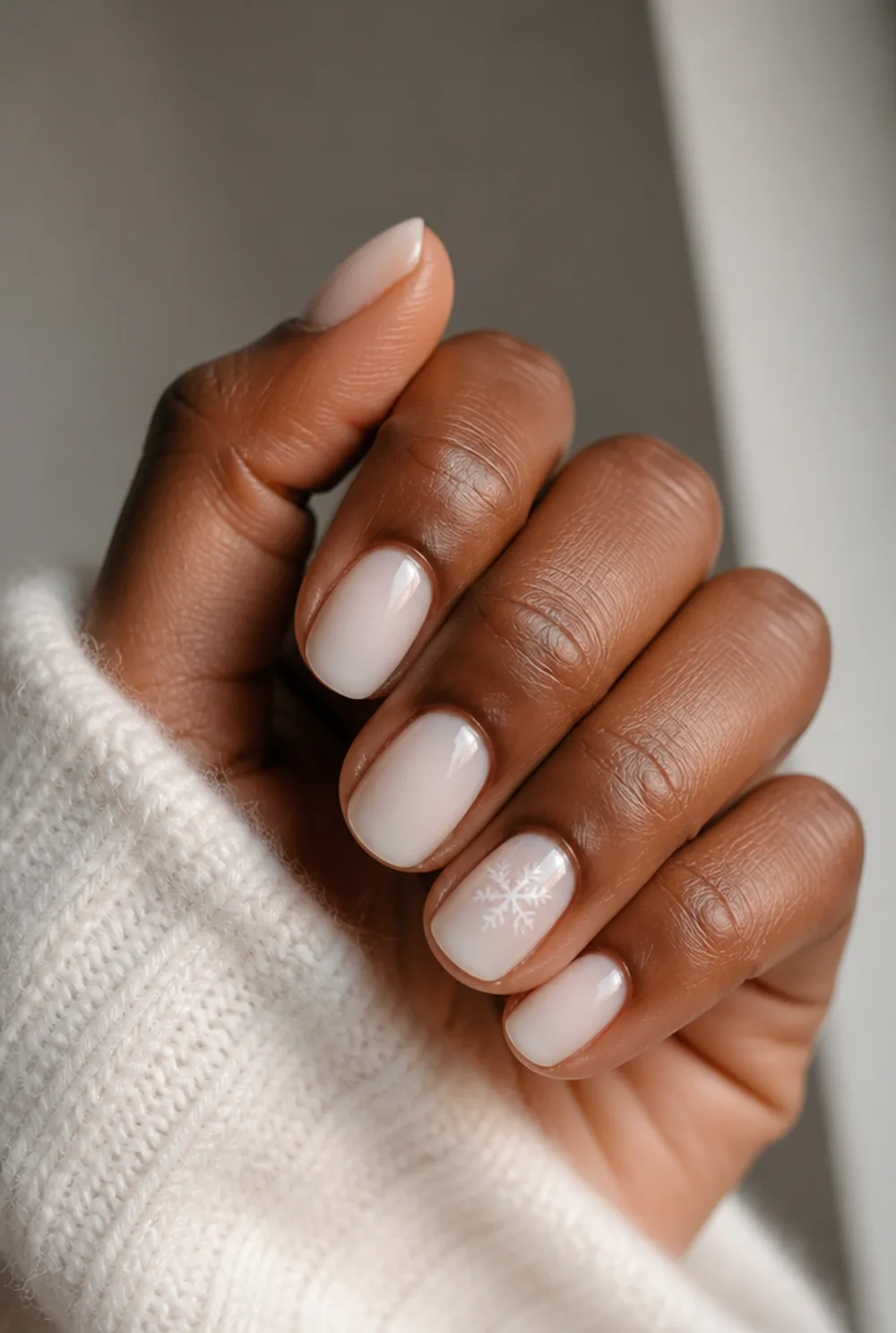 snowflake accent nail art on deep brown skin - PolishedAndPrettyNails.com snowflake accent nail art on deep brown skin