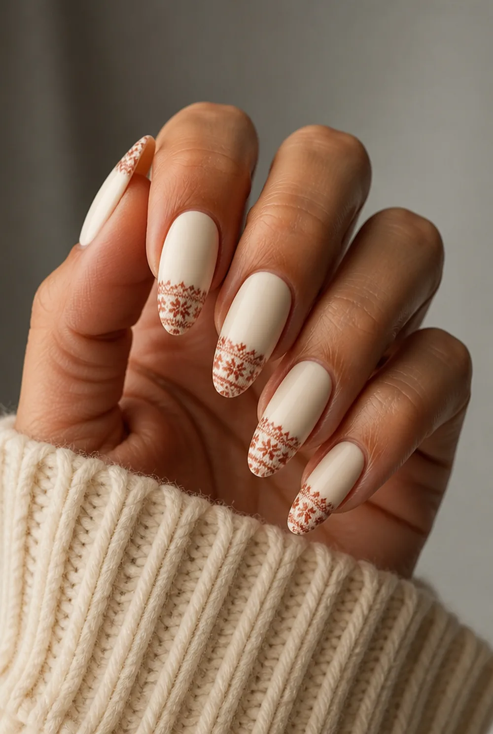 fair isle tips nail art on olive skin long length - PolishedAndPrettyNails.com fair isle tips nail art on olive skin, long length