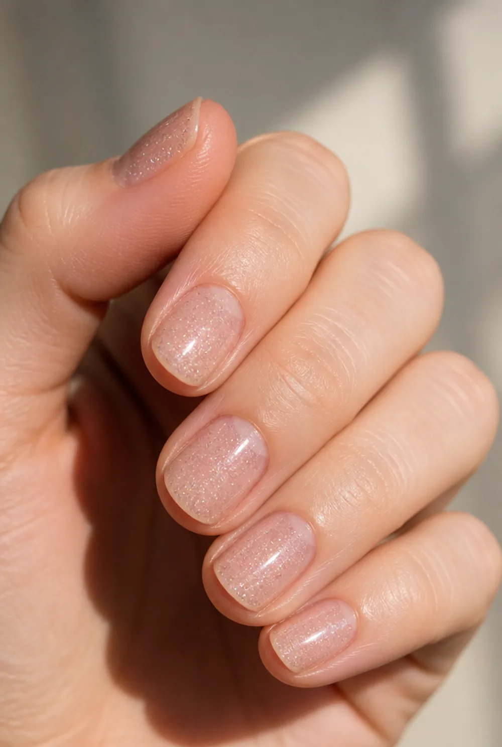sheer sparkle topper nail art on fair skin short length - PolishedAndPrettyNails.com sheer sparkle topper nail art on fair skin, short length