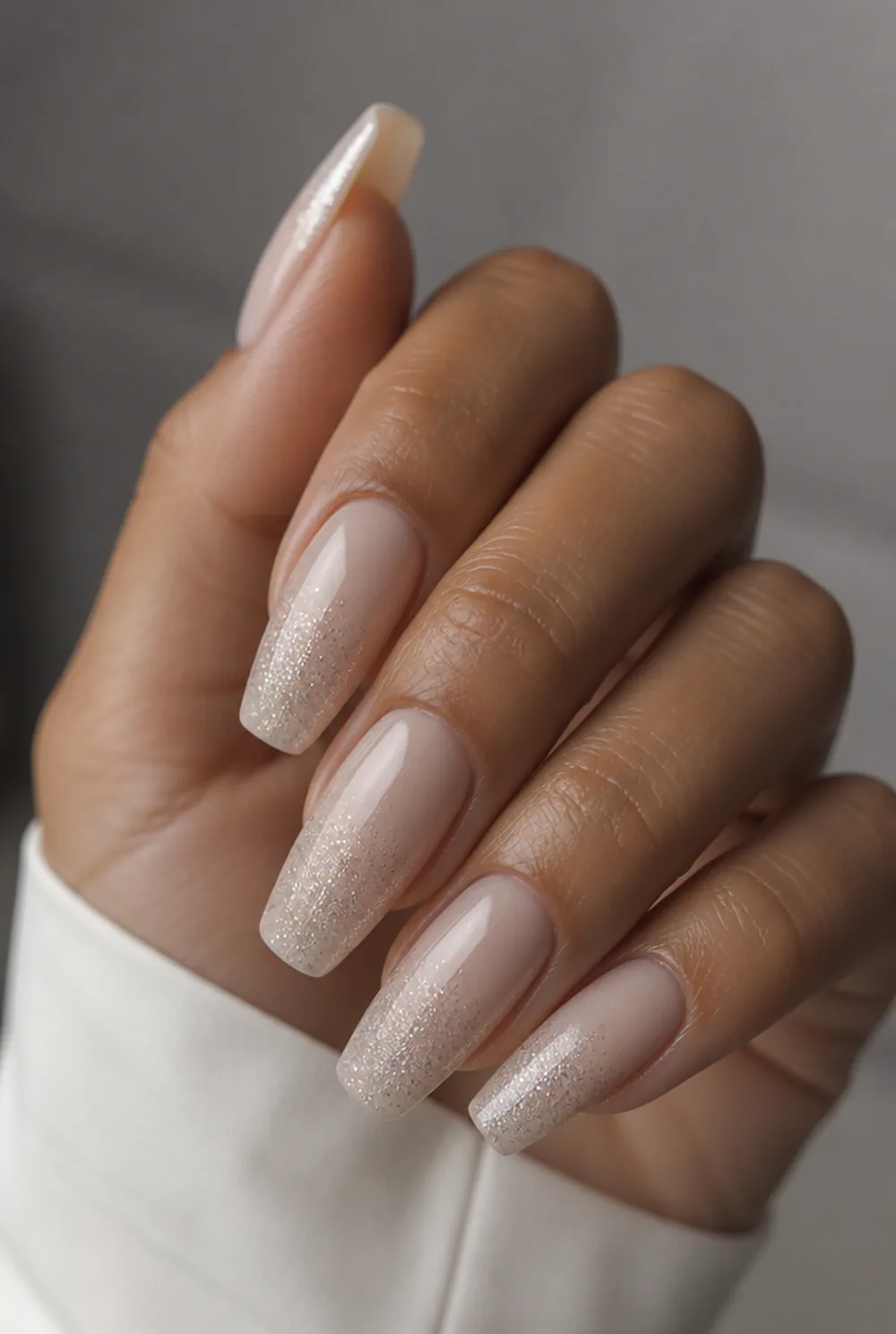 silver glitter tip nail art on olive skin long length - PolishedAndPrettyNails.com silver glitter tip nail art on olive skin, long length