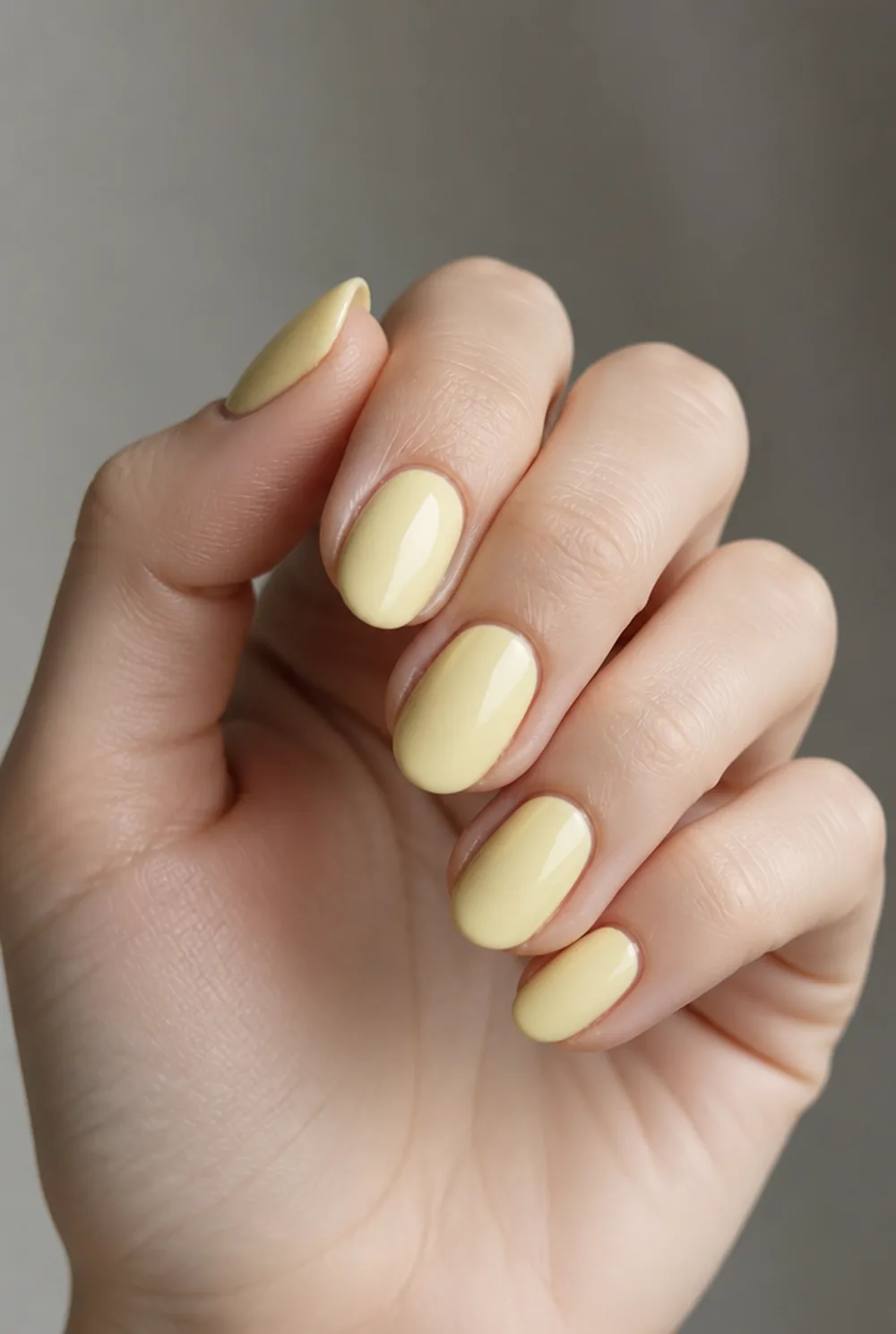 butter yellow nail art on fair skin, short length