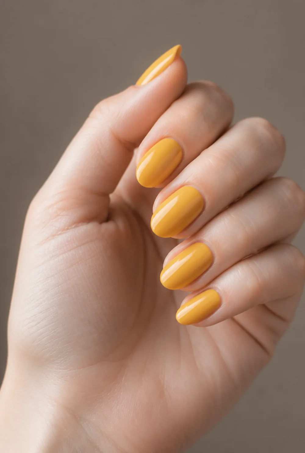 golden yellow nail art on fair skin, short length