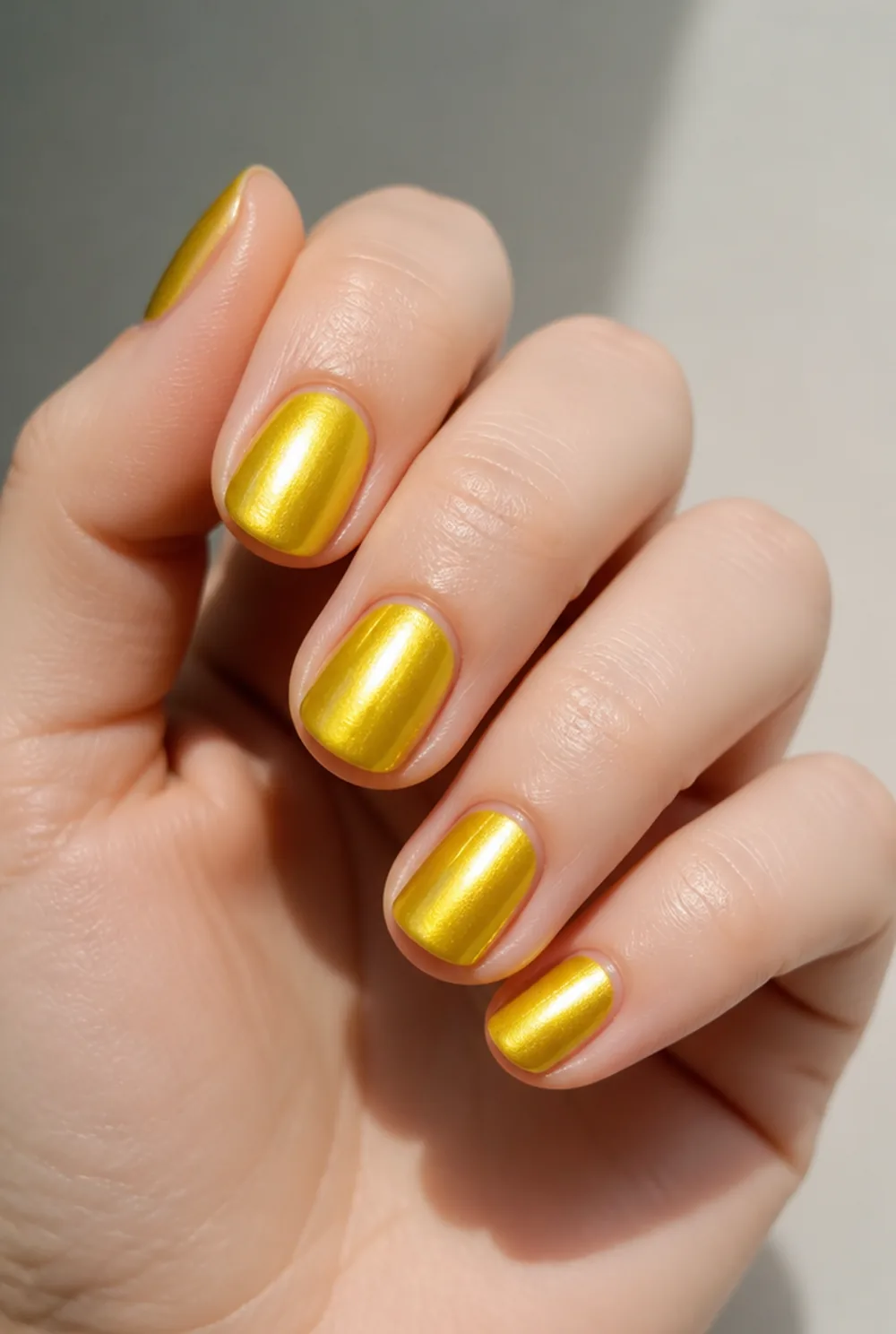 yellow chrome nail art on fair skin, short length