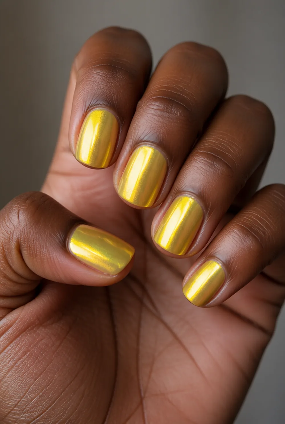 yellow chrome nail art on deep brown skin