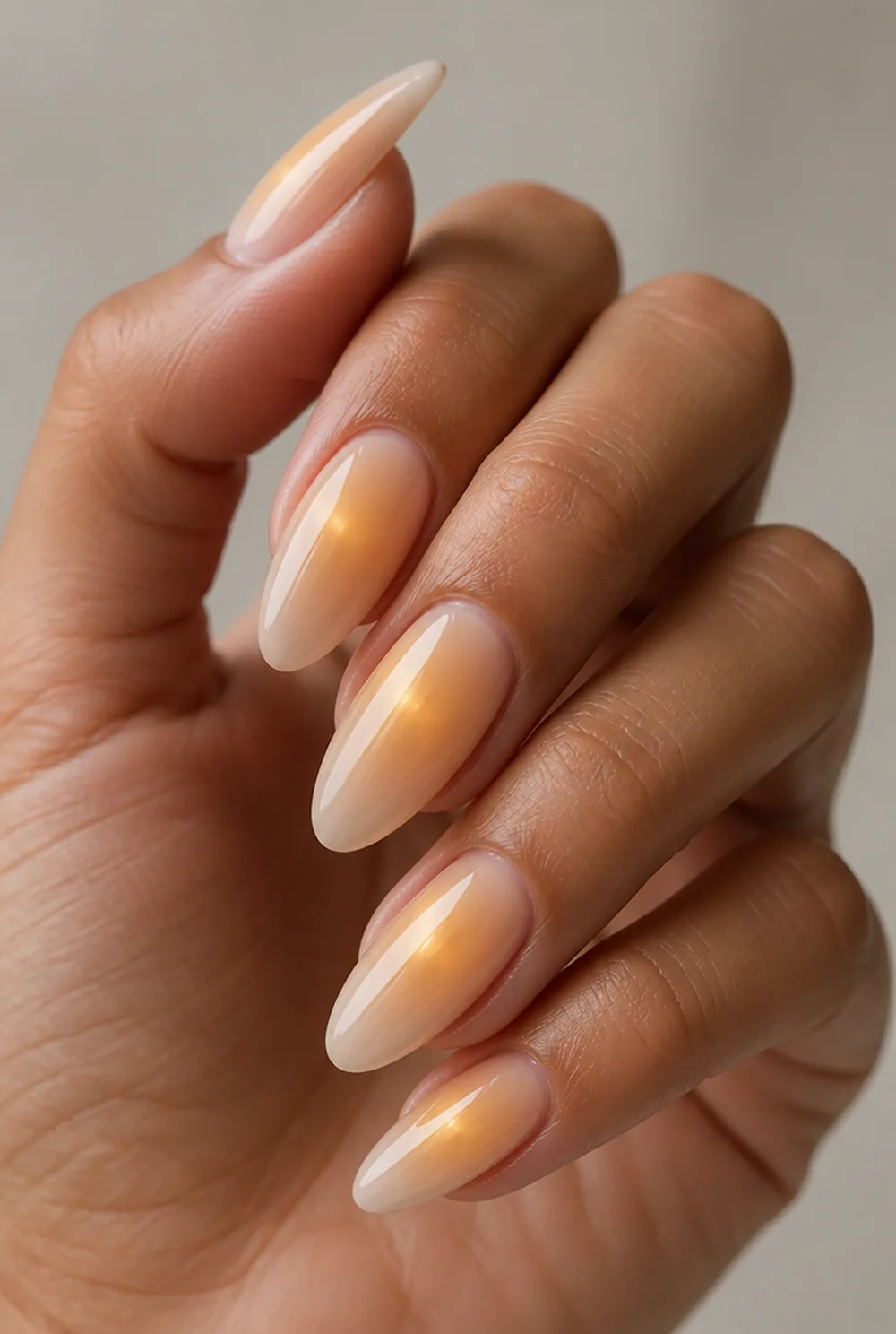 yellow aura nail art on olive skin, long length