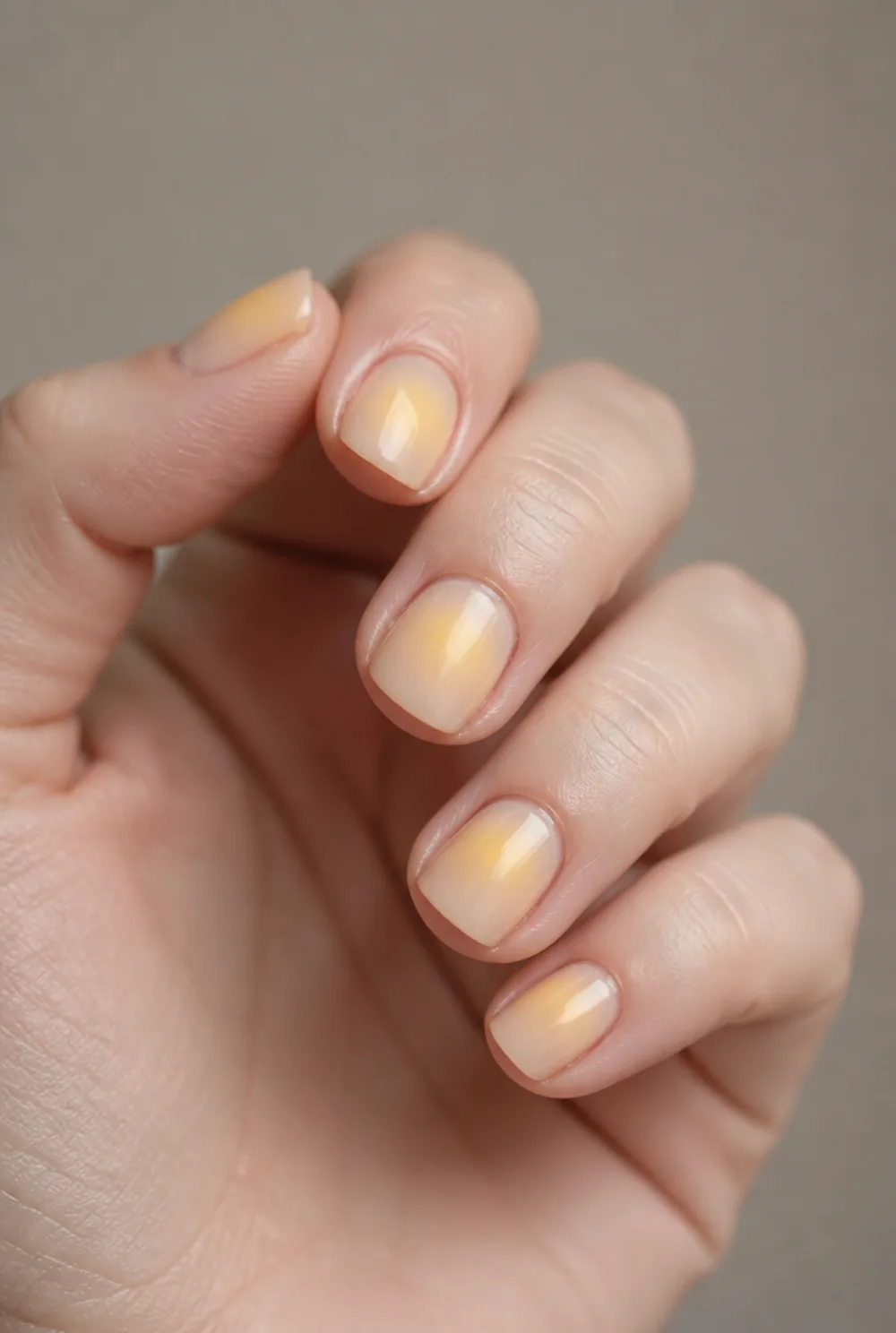 yellow aura nail art on fair skin, short length