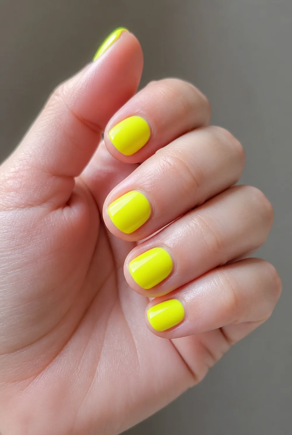 neon yellow nail art on fair skin, short length