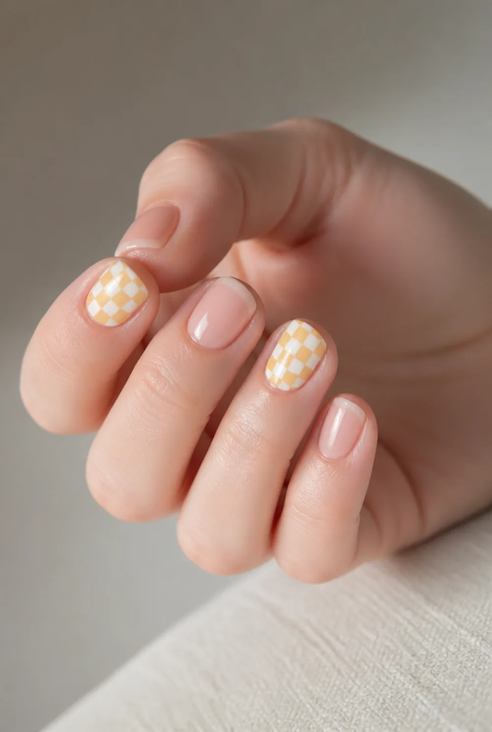 yellow checkerboard nail art on fair skin, short length