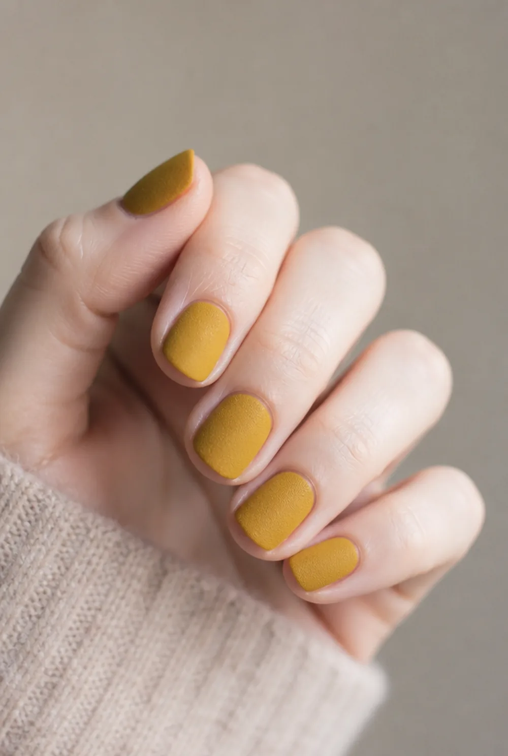 mustard matte nail art on fair skin, short length