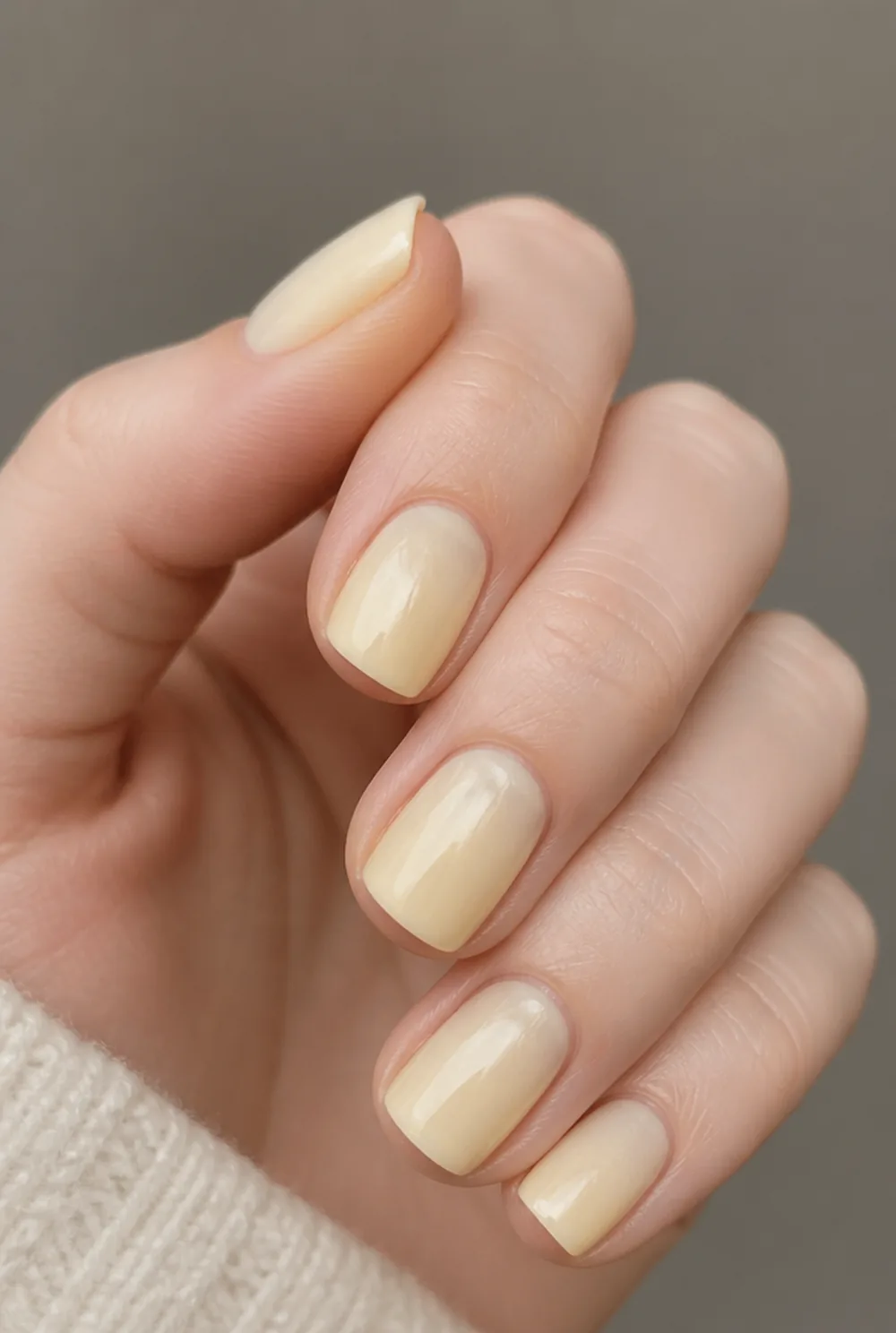 milky yellow nail art on fair skin, short length