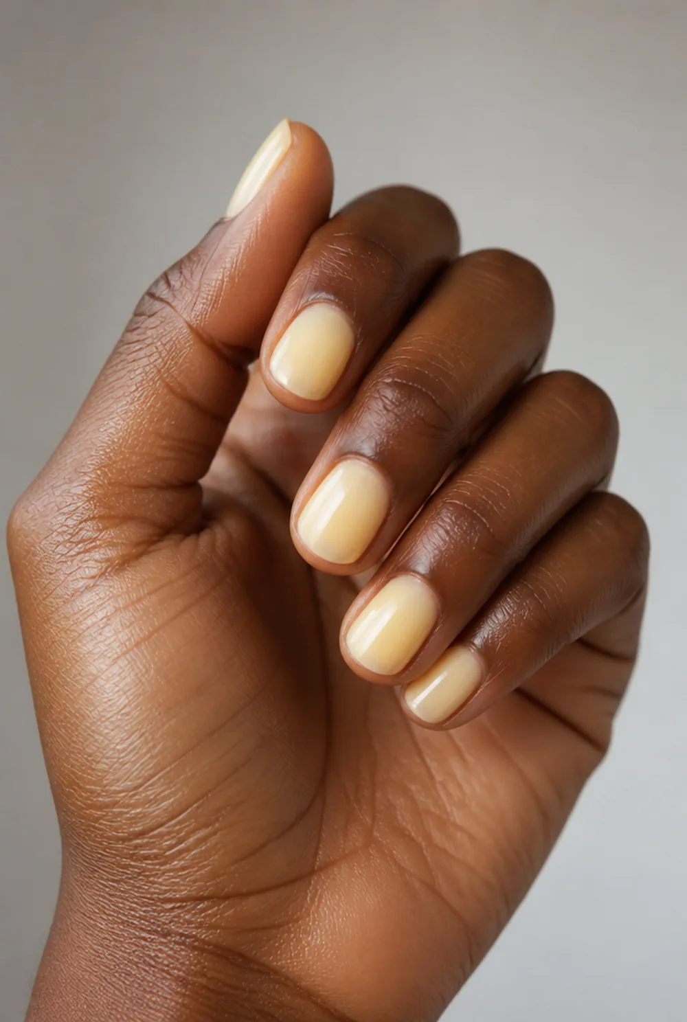 milky yellow nail art on deep brown skin