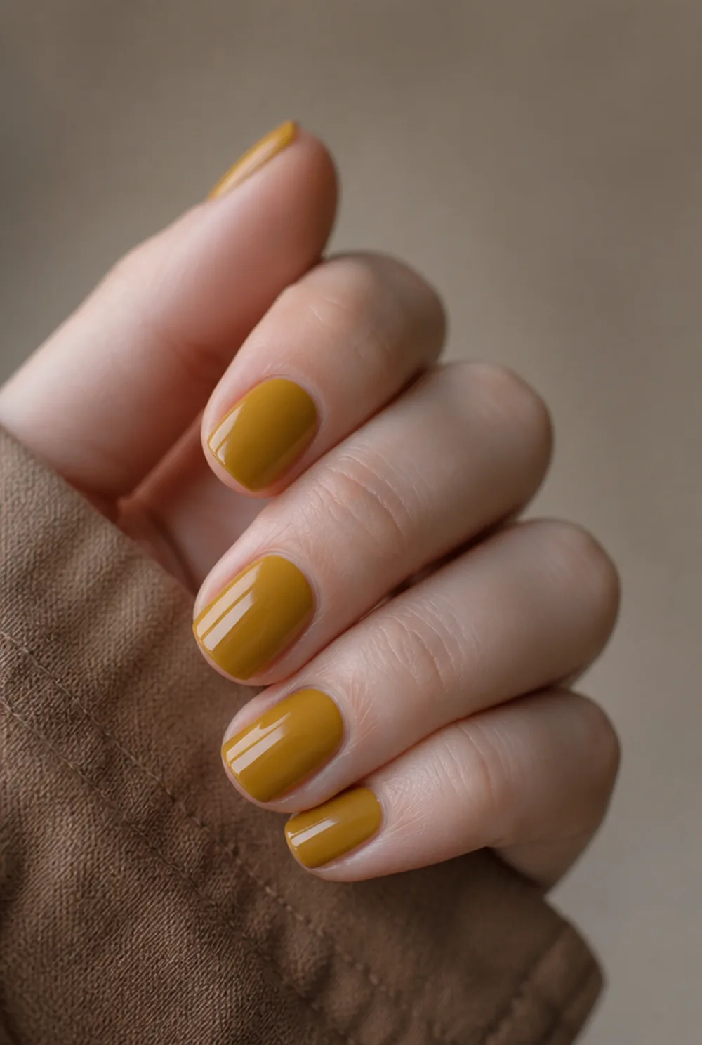 mustard nail art on fair skin, short length