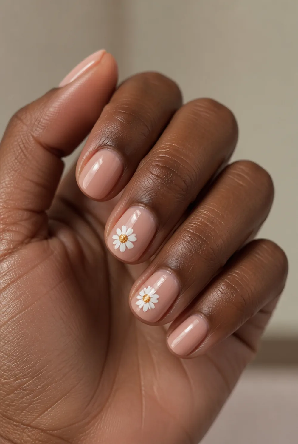 yellow and white daisy nail art on deep brown skin