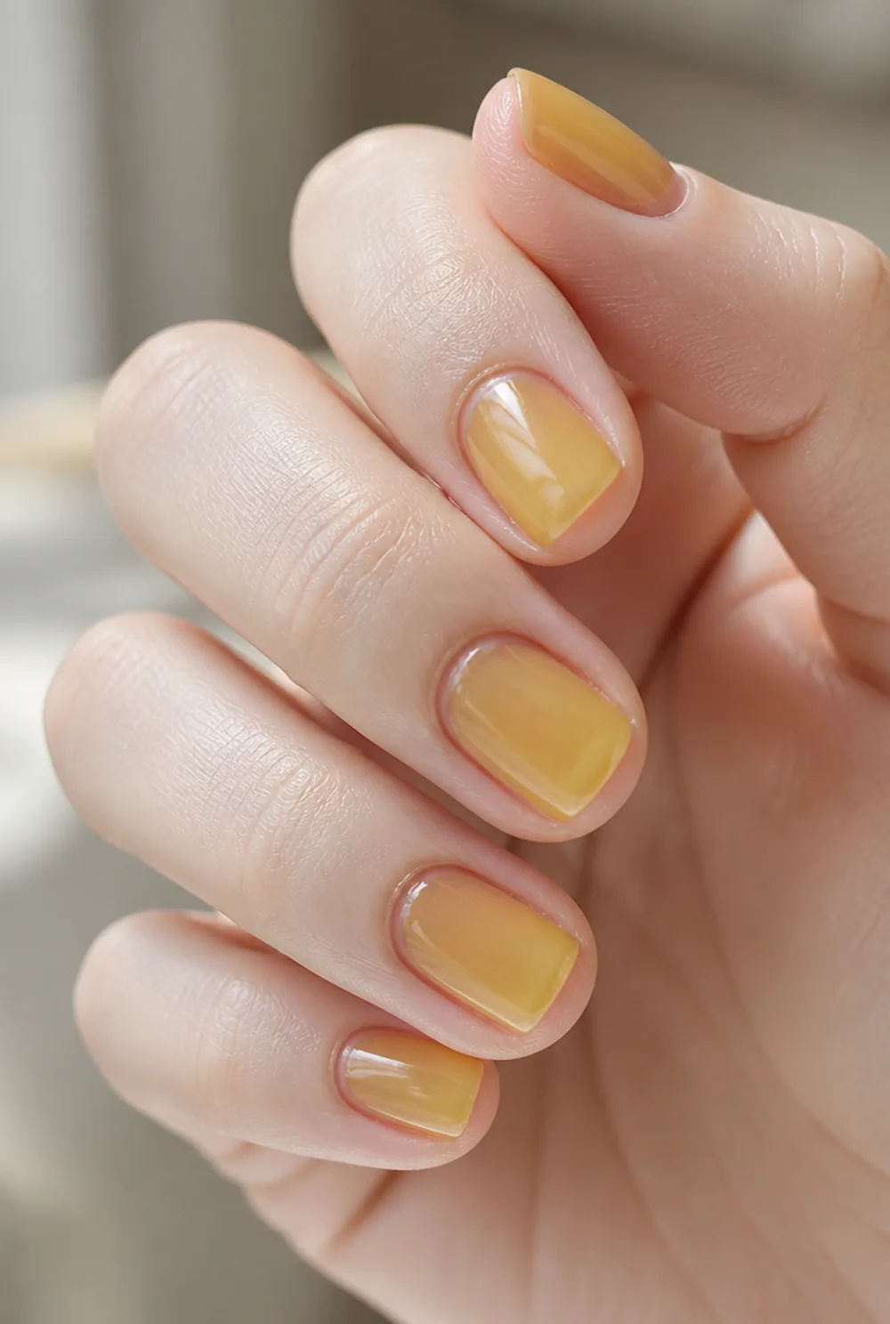 sheer yellow jelly nail art on fair skin, short length