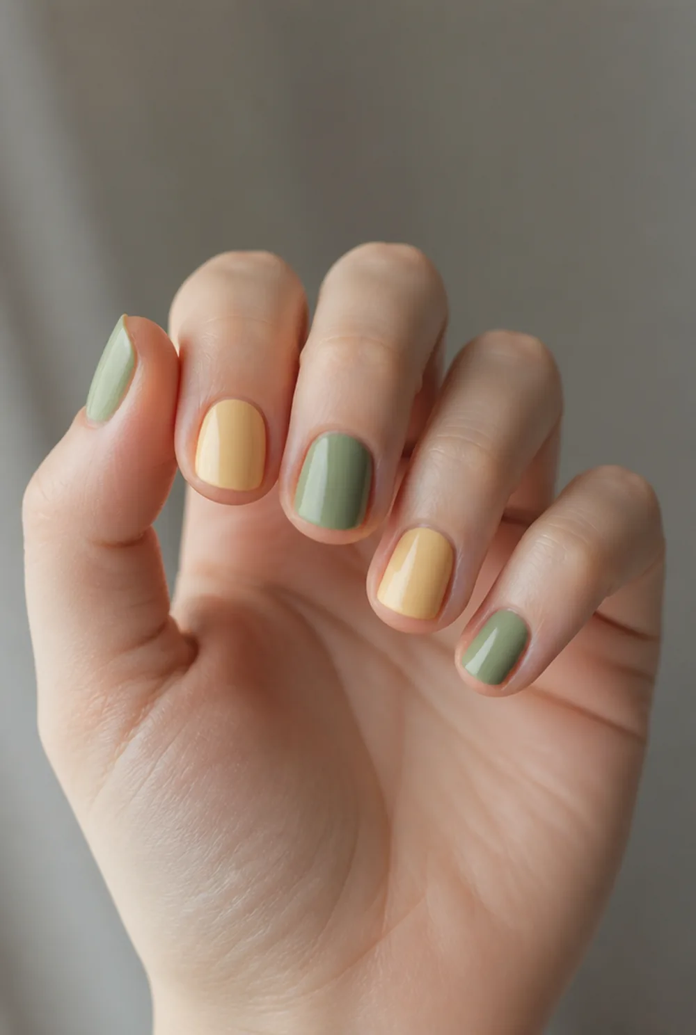 butter and sage nail art on fair skin, short length