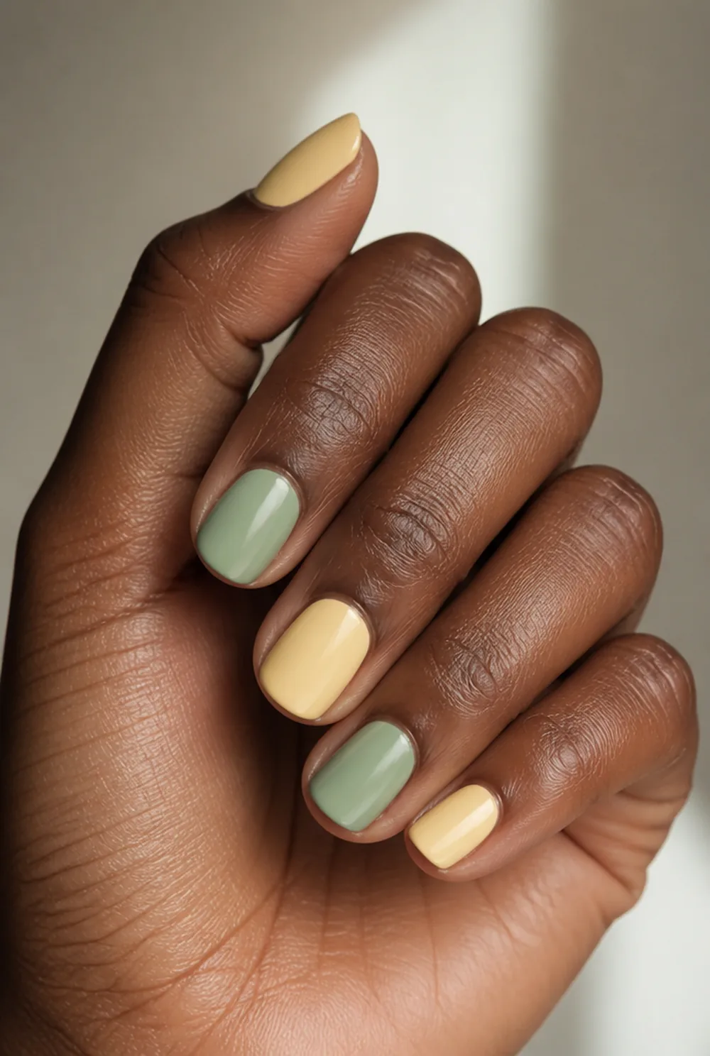 butter and sage nail art on deep brown skin