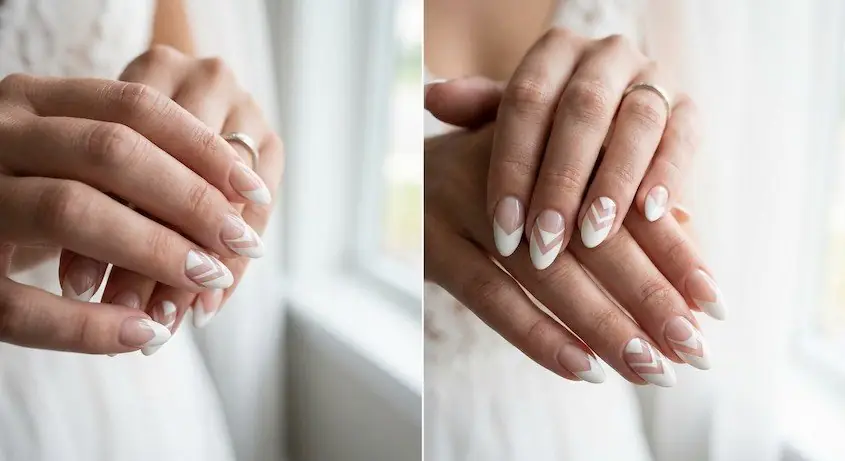 15wed - PolishedAndPrettyNails.com Geometric negative space French nails with white accents, shown in two close-ups