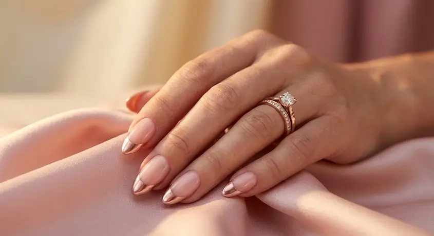 2wed - PolishedAndPrettyNails.com Rose gold French tip nails on a bride's hand with an engagement ring, resting on blush satin