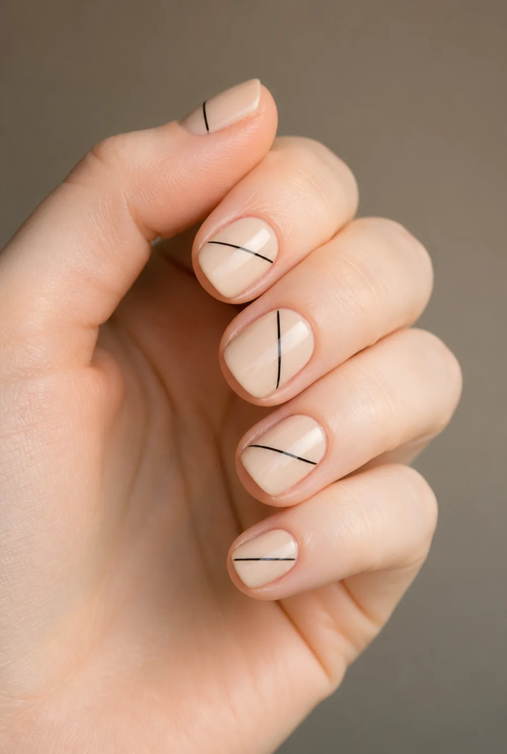 single black line nail art on fair skin, short length