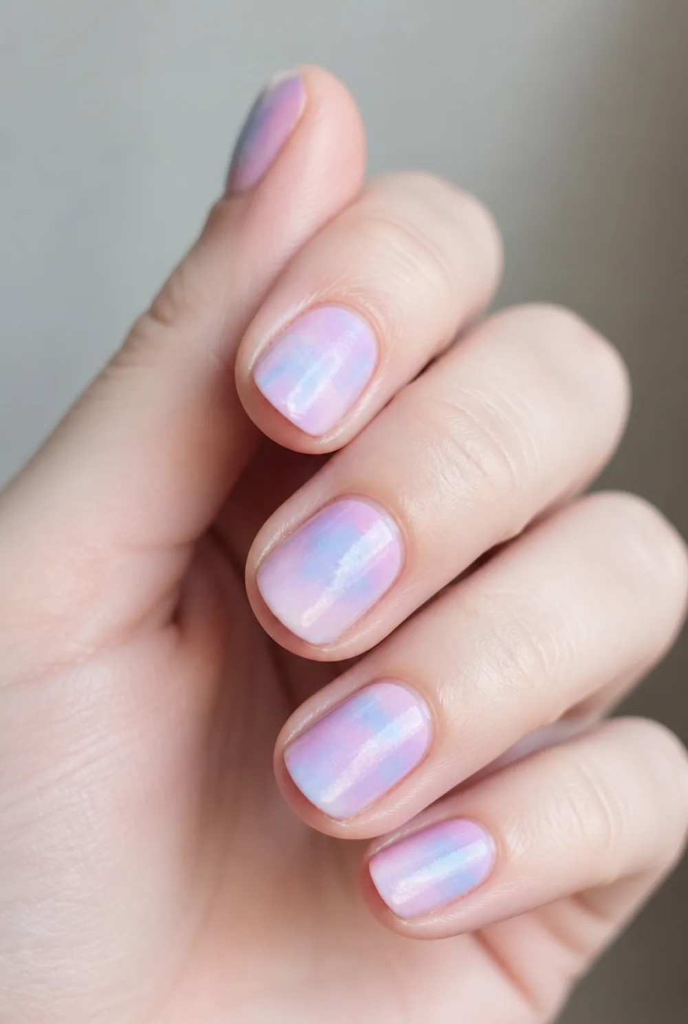 blurred colour wash nail art on fair skin, short length
