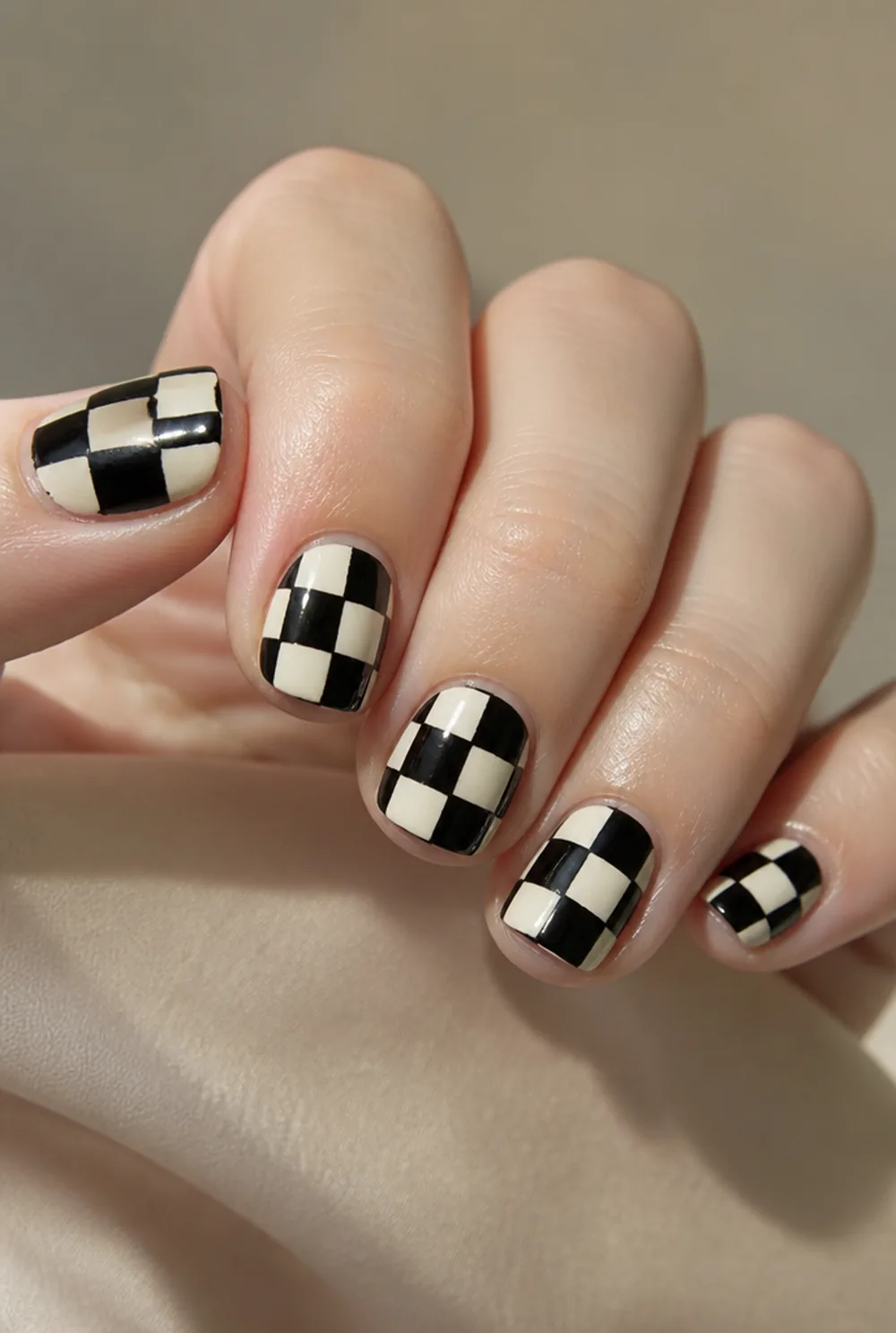 abstract checkerboard nail art on fair skin, short length