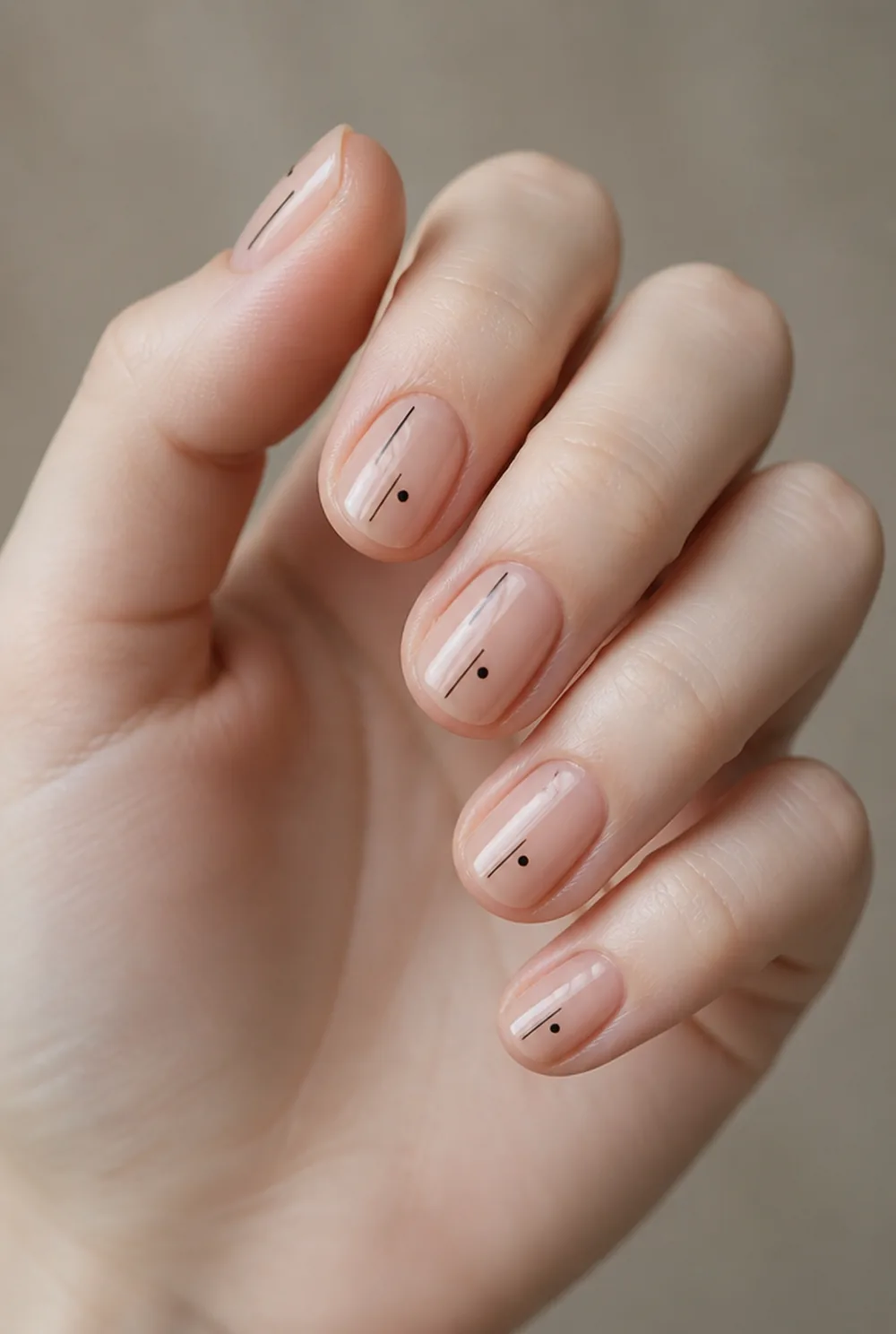 line and dot nail art on fair skin, short length