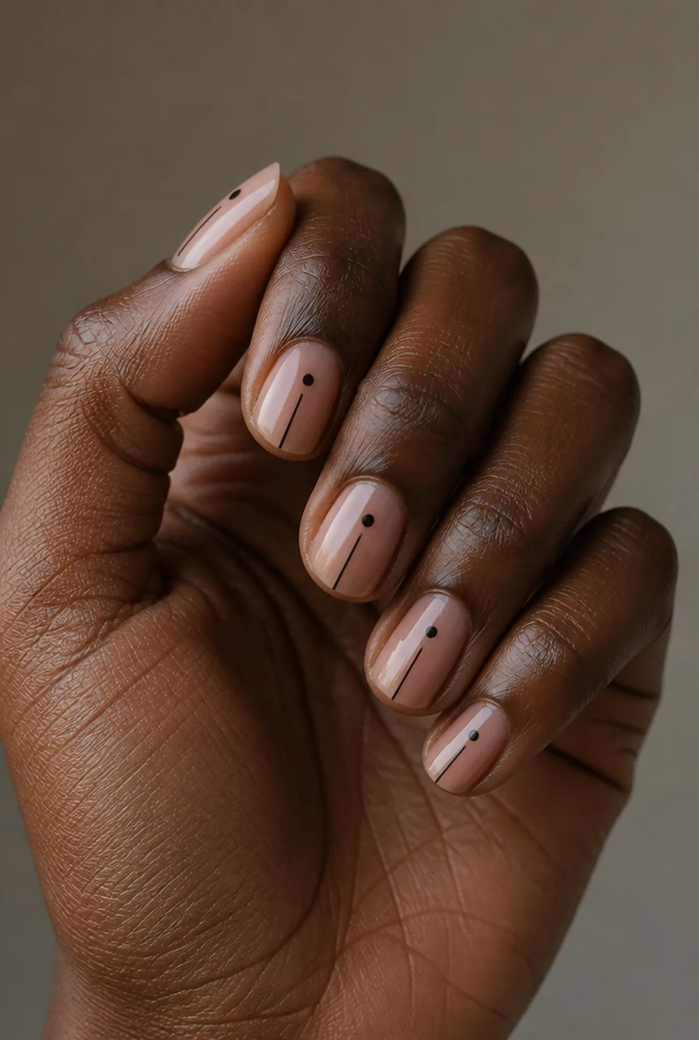 line and dot nail art on deep brown skin