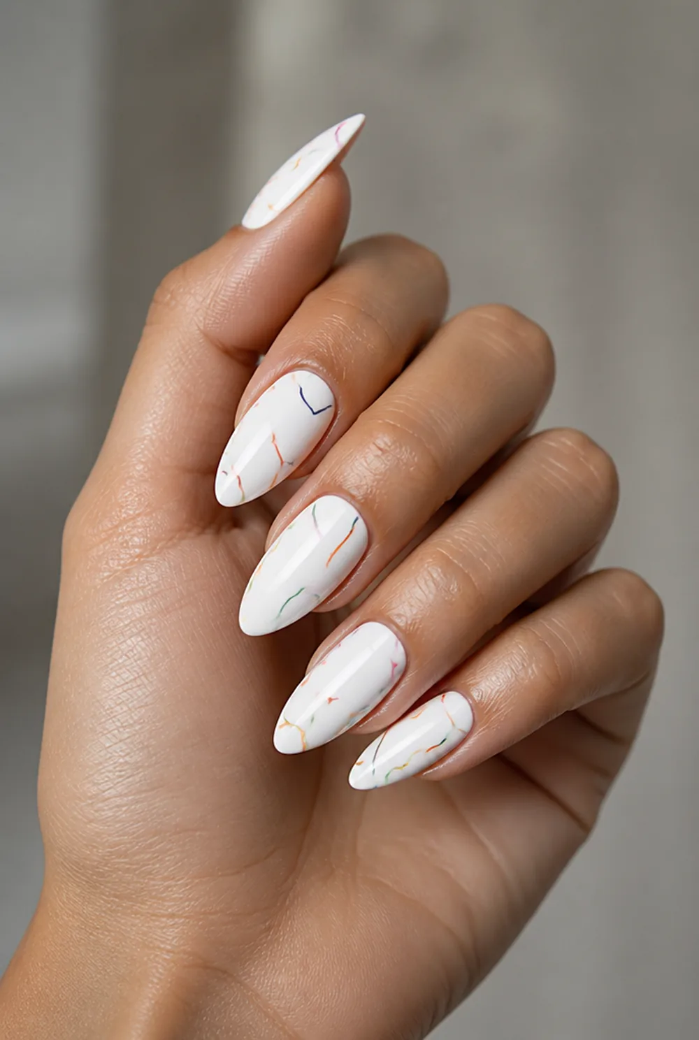 squiggle nails nail art on olive skin, long length