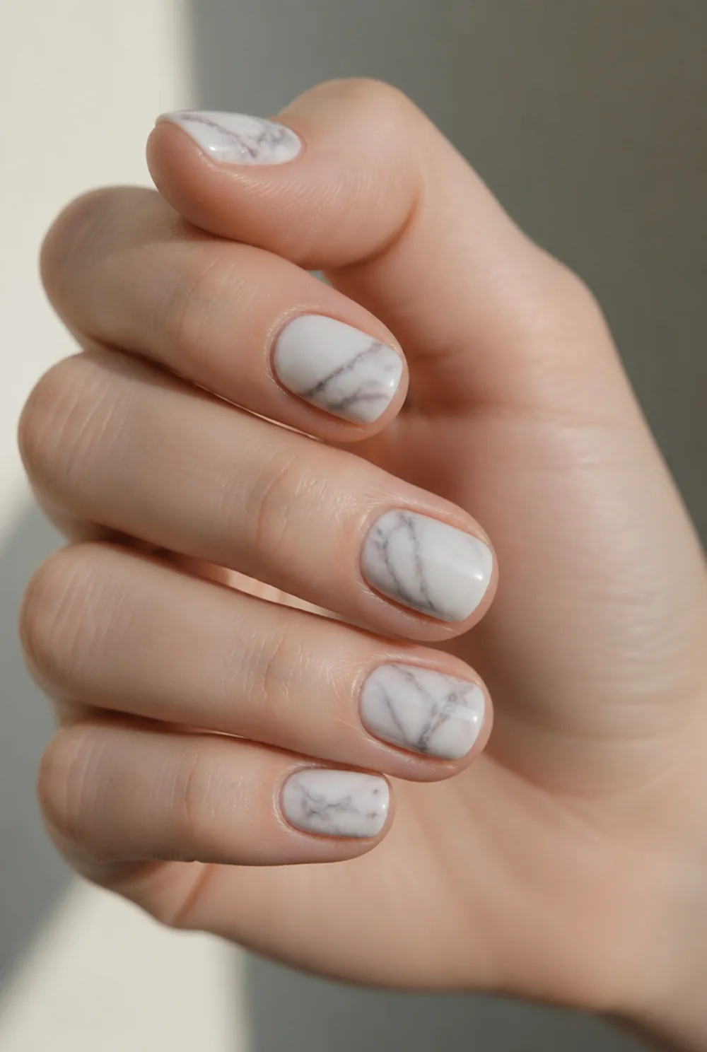 abstract marble nail art on fair skin, short length