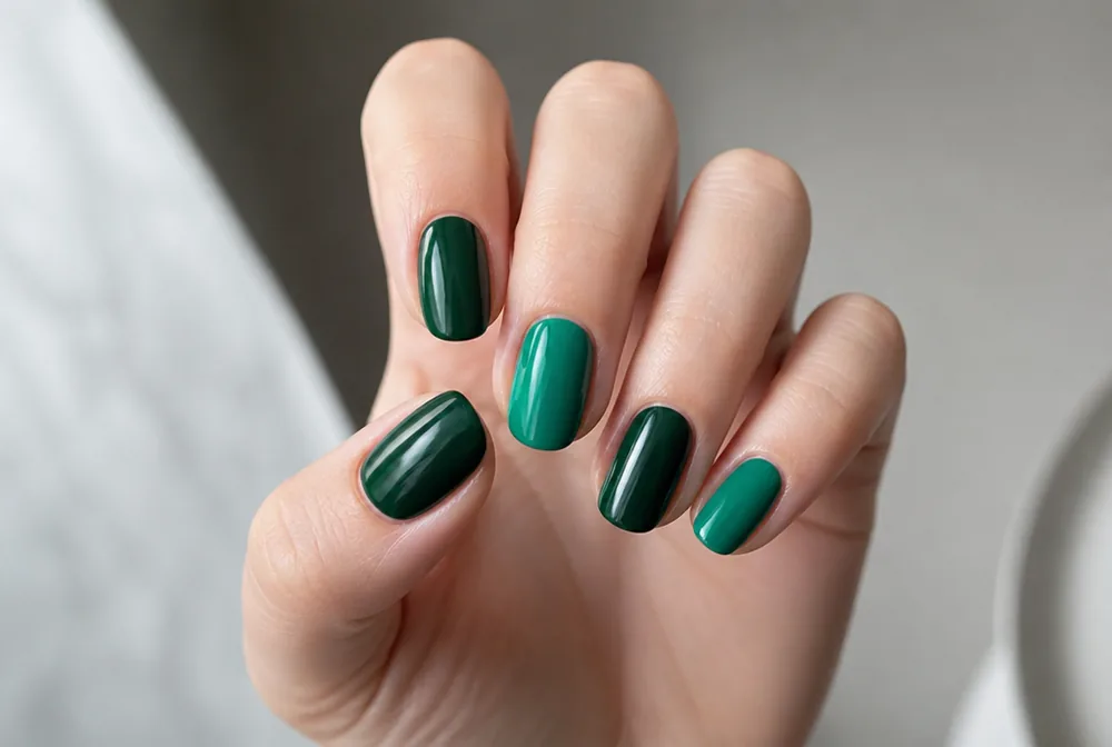 alternating pine and emerald green nails - PolishedAndPrettyNails.com alternating pine and emerald green nails