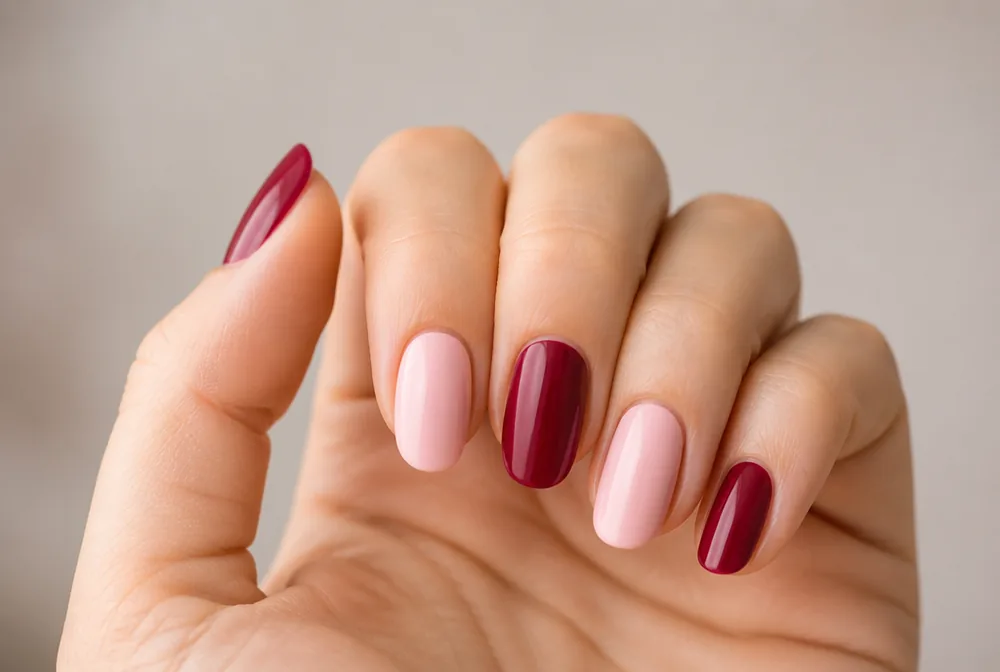 alternating pink and red Valentines nails