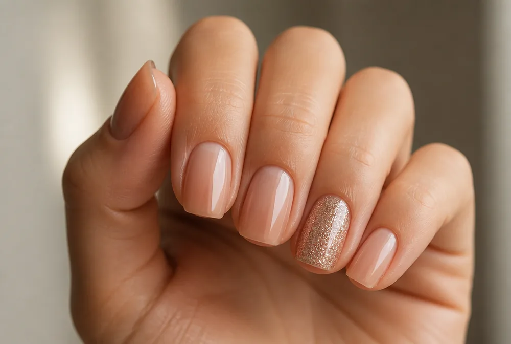 bare nails with one glitter accent finger for New Years - PolishedAndPrettyNails.com bare nails with one glitter accent finger for New Years