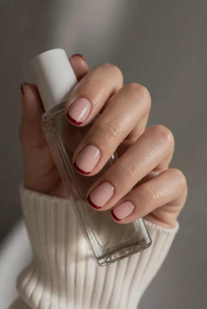 Deep red coloured French tips on short square nails - PolishedAndPrettyNails.com Deep red colored French tips on short square nails