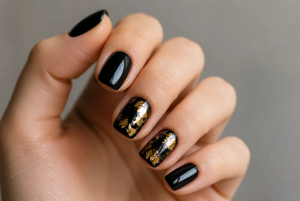 black and gold foil winter nail art - PolishedAndPrettyNails.com black and gold foil winter nail art