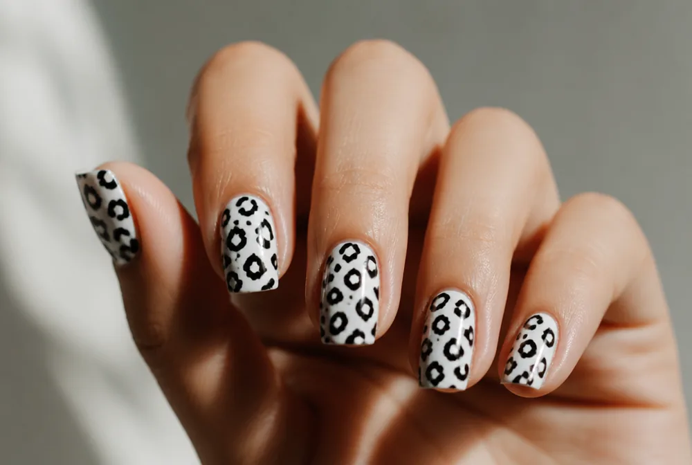black and white leopard print nails