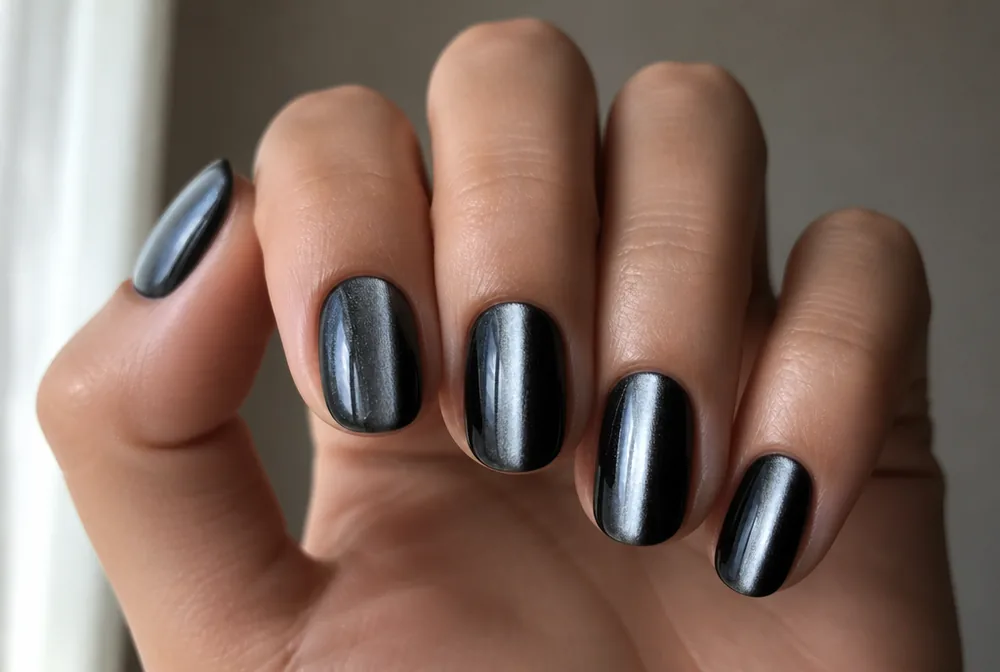 black cat eye October nails with light stripe