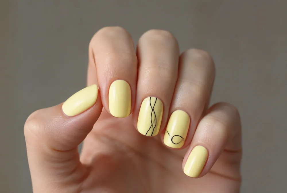 black line art on butter yellow nails