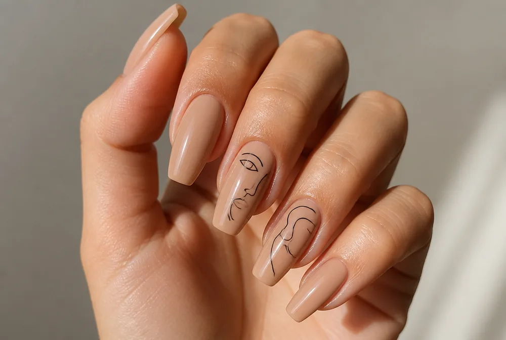 black line art on nude coffin nails