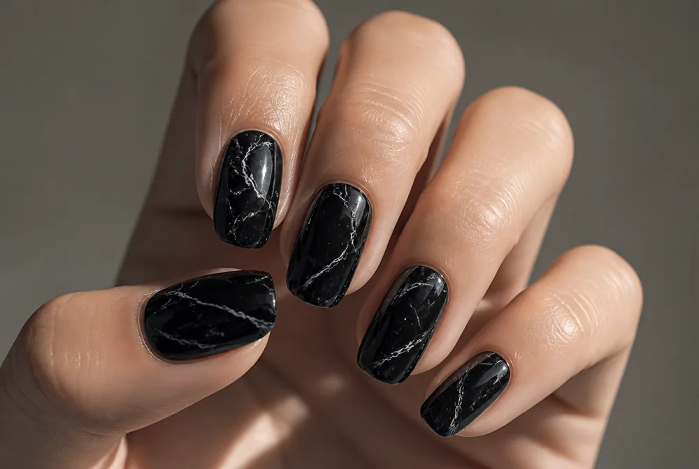 black marble nails with white veining
